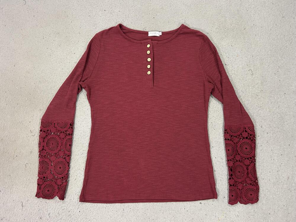 Kancystore Shirt Womens Medium Red Ribbed Henley Crochet Bell Sleeve Top Boho